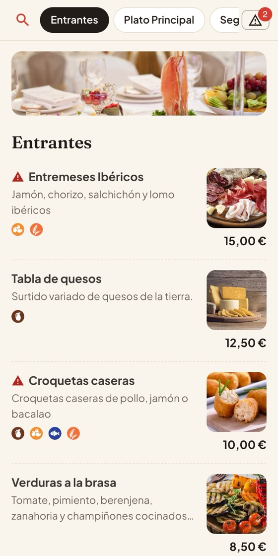 Carta con avisos rojos en los platos que llevan los alérgenos marcados por el cliente