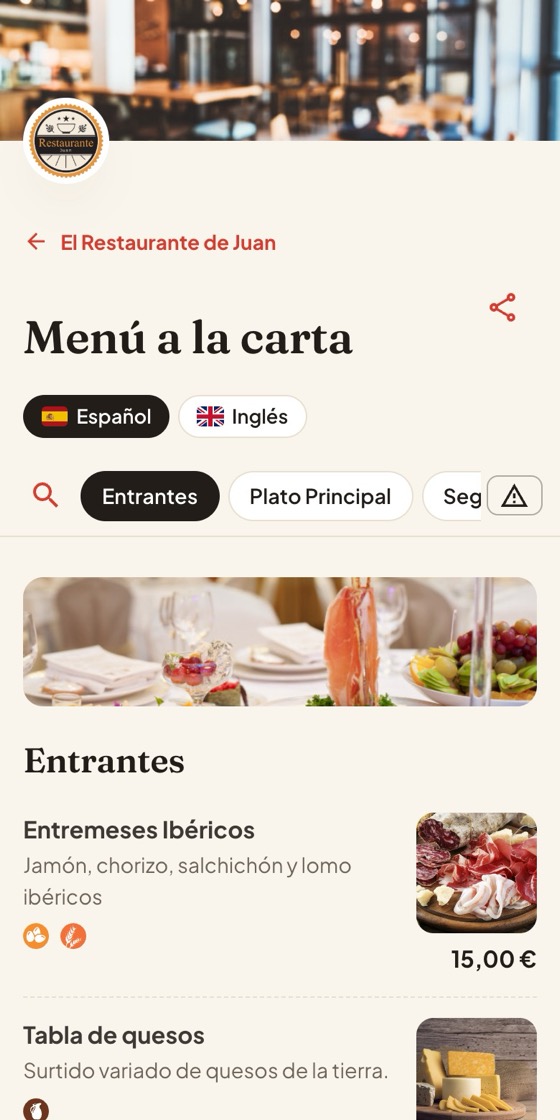 Carta digital de un restaurante vista en el móvil: entrantes con precios e iconos de alérgenos