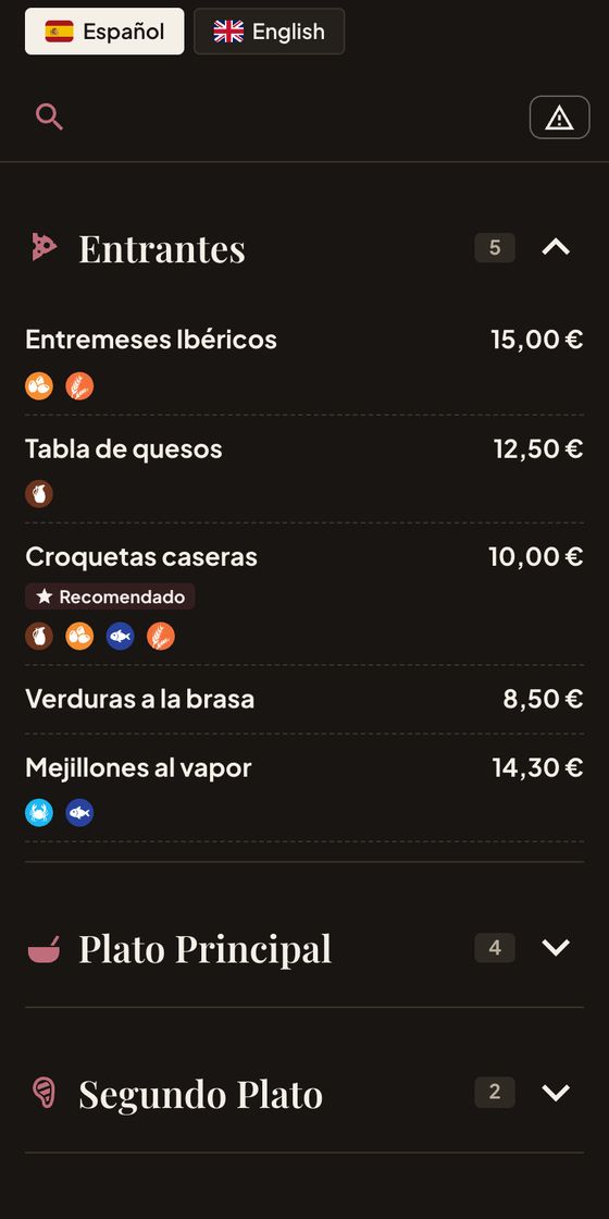 Carta con estilo bodega: fondo oscuro, letra elegante y secciones plegables en una lista compacta