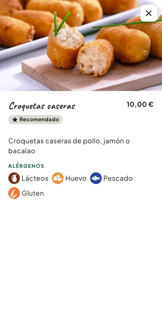 Ficha de un plato a pantalla completa: foto grande, precio, descripción y alérgenos