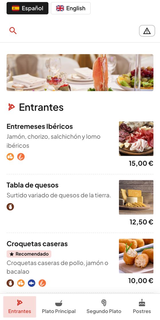 Carta con estilo moderno: fondo blanco, esquinas rectas y las secciones en una barra abajo con iconos