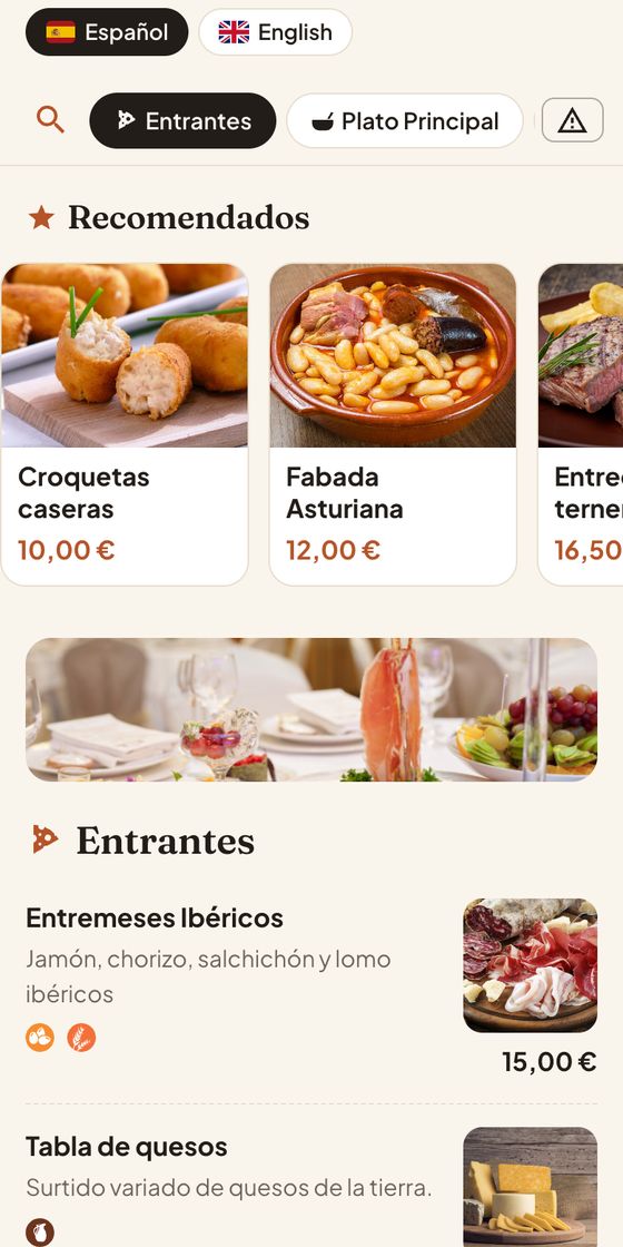Carta con estilo taberna: fondo crema, pestañas de secciones arriba y un carrusel de platos recomendados con foto