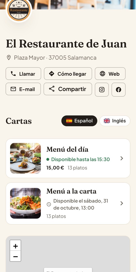 Página del restaurante un lunes a mediodía: el menú del día está disponible hasta las 15:30 y la carta indica cuándo vuelve